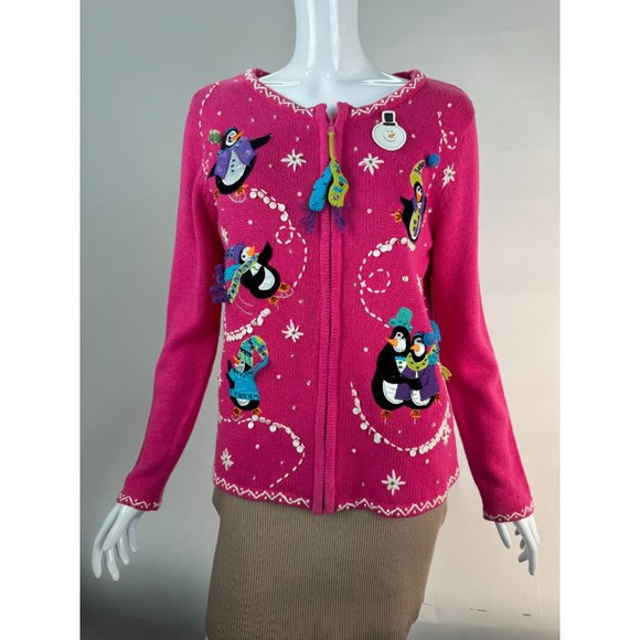 Heirloom Collectibles Petite Lg XMas Penguin Zip Cardigan Sweater Pink Cotton Bl - Picture 9 of 16